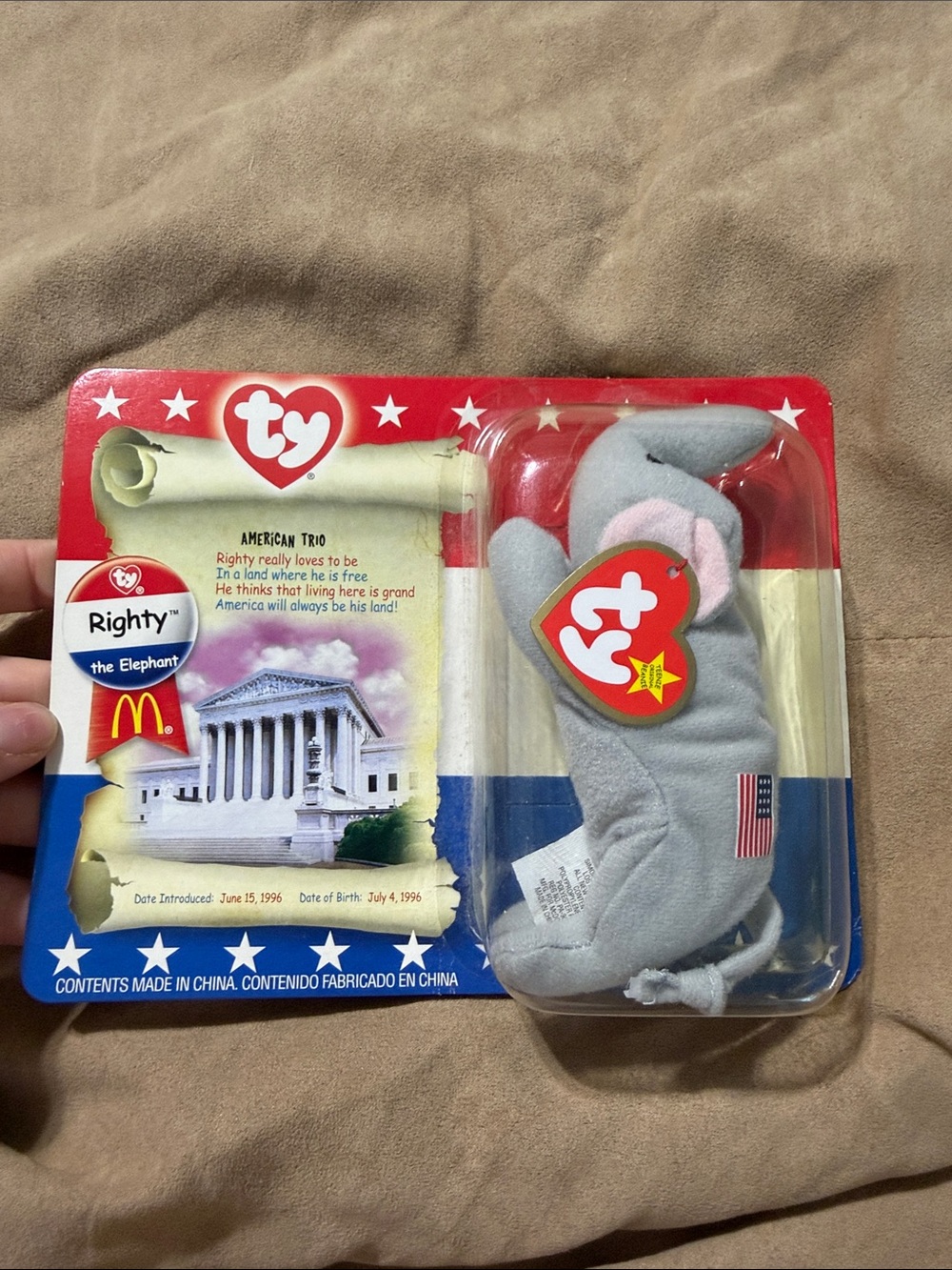 Ty Righty the Elephant Plush – Gray with Pink Ear Accent